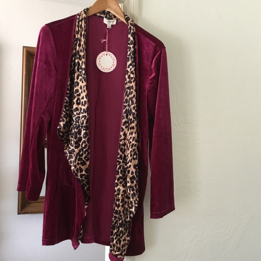 Umgee Burgundy Velvet Open-Front Cardigan with Leopard Trim